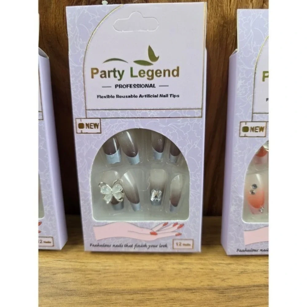 Party Legend Artificial Nail Tips 12ct Multicolor New Ombre Butterfly Rhinestone